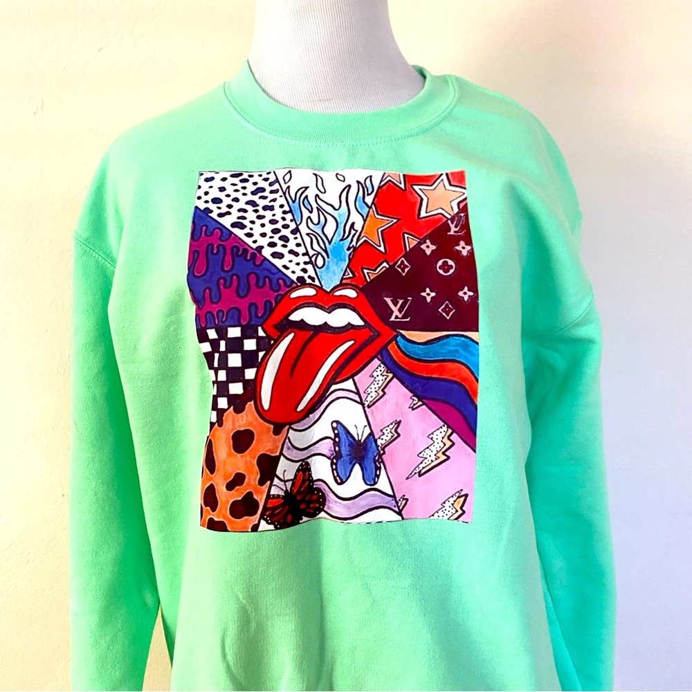 Gildan Sweatshirt Green Small Crewneck Rolling Stone Graphics Novelty 80’s